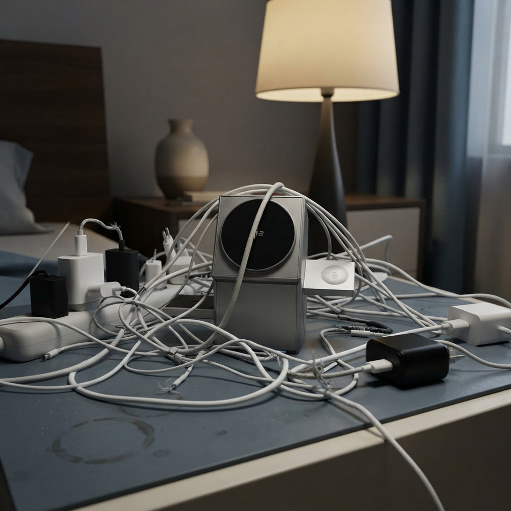 A cluttered nightstand with messy white charging cables and cheap plastic adapters in a modern bedroom.