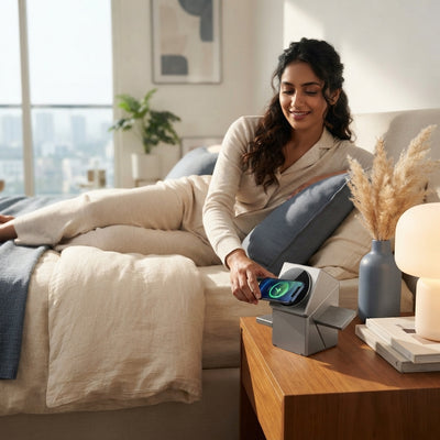 A South Asian woman placing her phone on a modern 3-in-1 magnetic charging station on a minimalist bedside table.