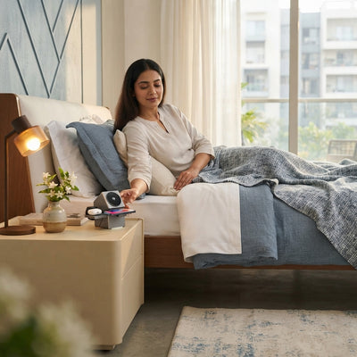 A South Asian woman in a modern, minimalist bedroom reaching for a magnetic 3-in-1 wireless charging station on a bedside tab