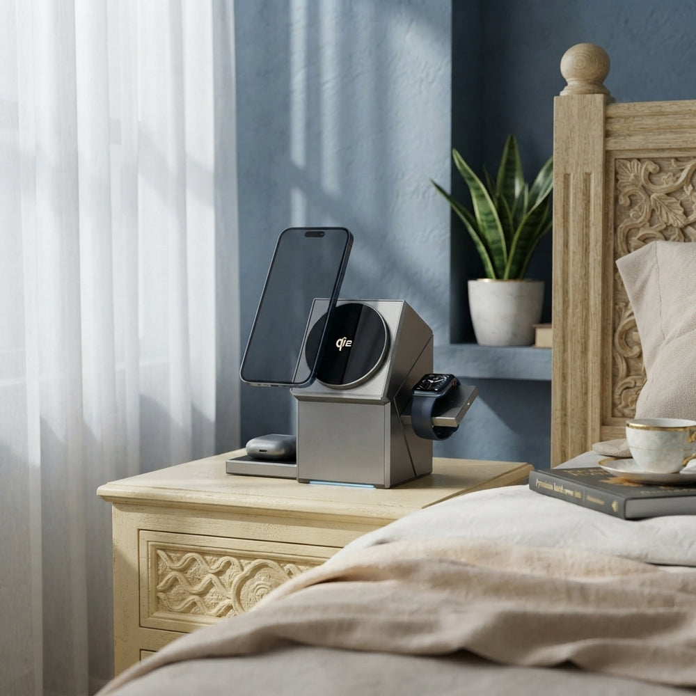 A 3-in-1 magnetic wireless charging station charging a smartphone, watch, and earbuds on a bedside table in a bedroom.